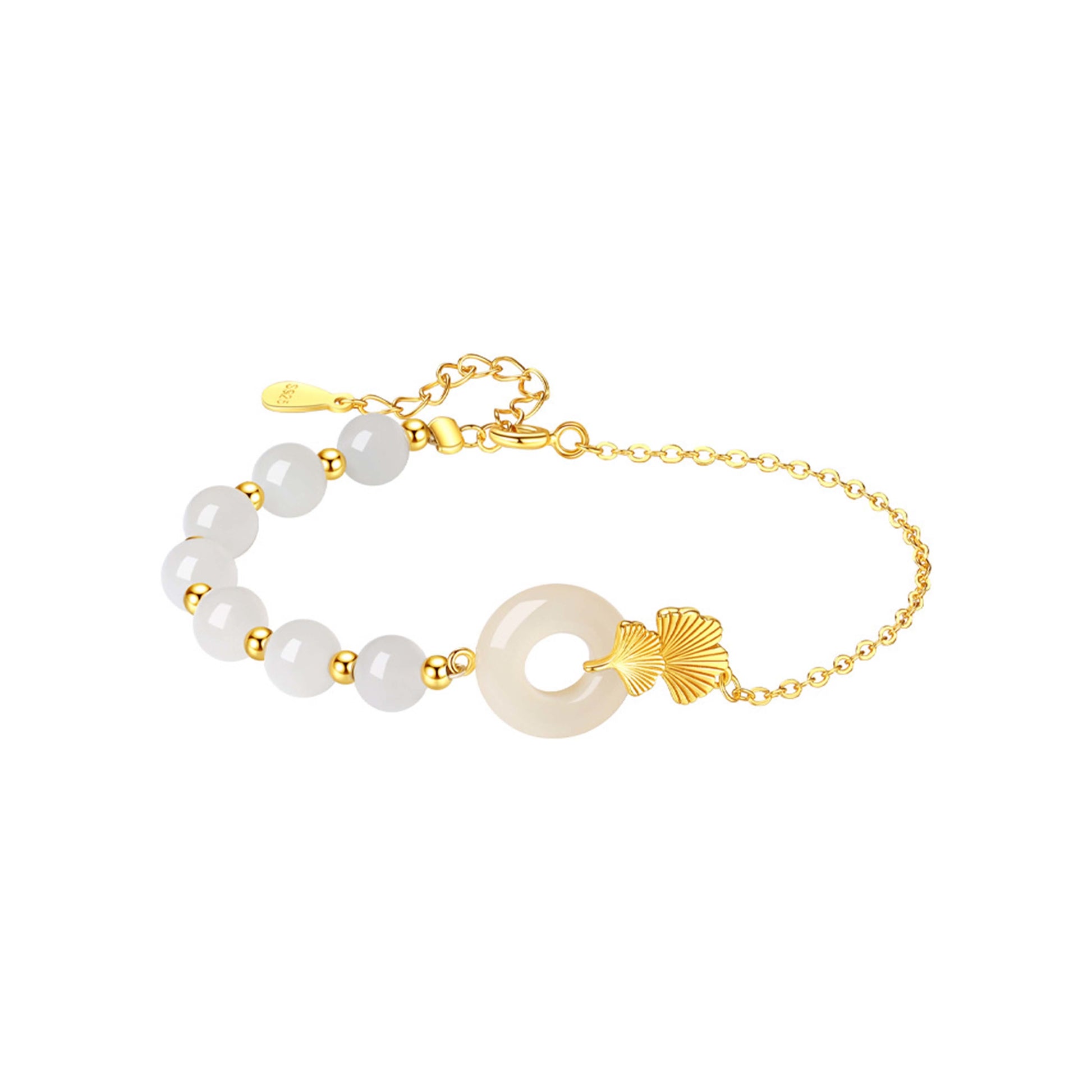 925 Sterling Silver Hetian White Jade Peace Buckle Ginkgo Leaf Luck Bracelet