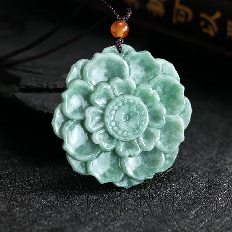 Lotus Pattern Jade Luck Prosperity Necklace Pendant