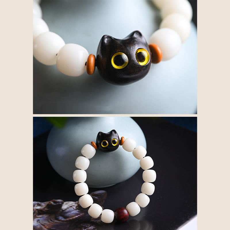Natural Bodhi Seed Small Leaf Red Sandalwood Ebony Wood Cute Lucky Cat Wisdom Bracelet