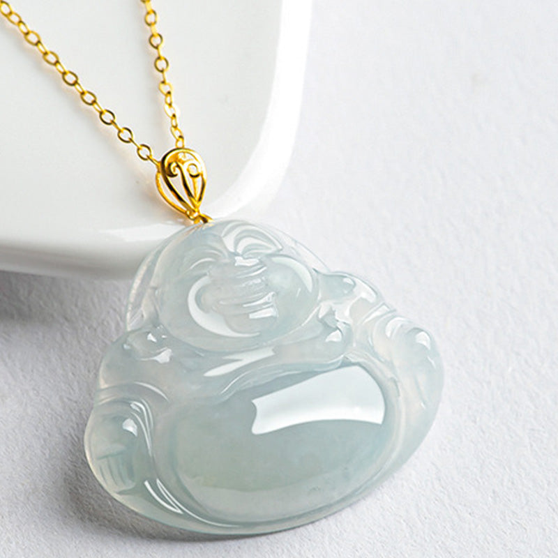 Laughing Buddha Natural Jade 925 Sterling Silver Plated Gold Abundance Necklace Pendant
