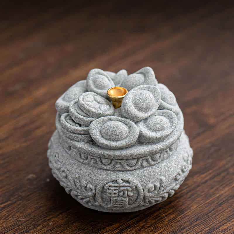 Goldstone Sycee Ingot Incense Burner with Fu Symbol Desk Meditation Tool
