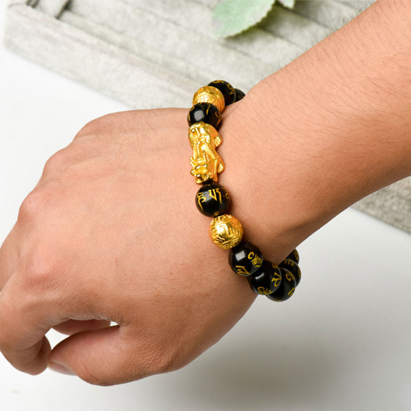 Om Mani Padme Hum Inscribed Black Obsidian & Agate Pixiu Beaded Bracelet