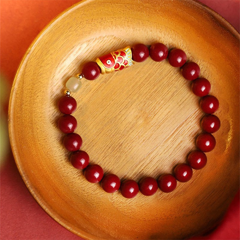 Natural Cinnabar & Hetian Jade Bead Bracelet with Koi Fish Symbol