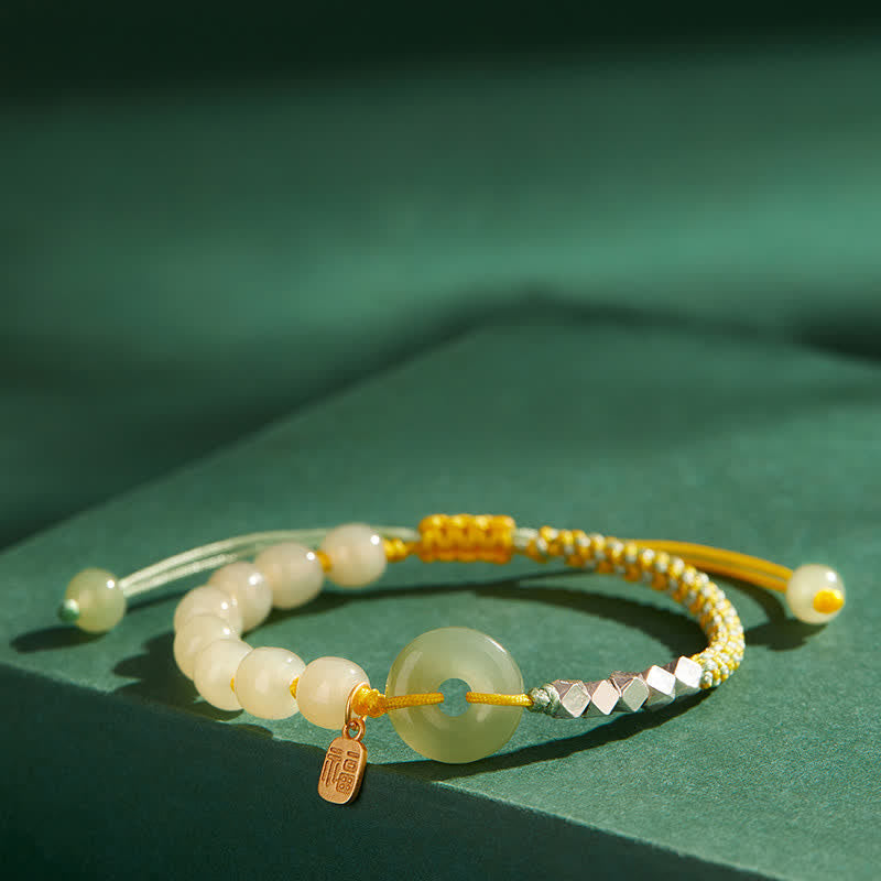 Hand-Woven Hetian Jade Ping An Kou Gold Plated Sterling Silver Beaded Bracelet
