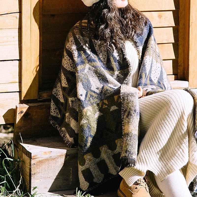 Tibetan Shawl Classic Geometry Pattern Winter Cozy Travel Scarf Wrap