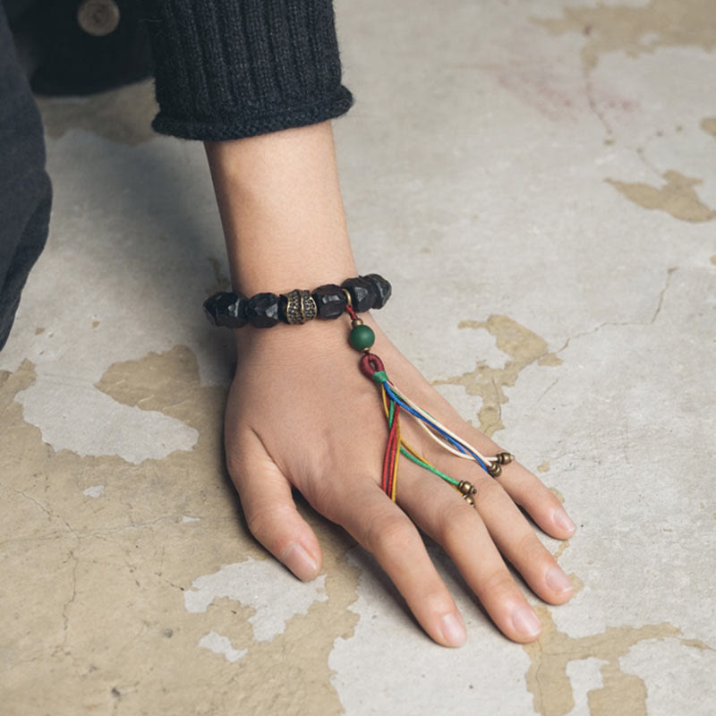 Tibetan Ebony Wood and Copper Peace Tassel Agate Wrist Mala