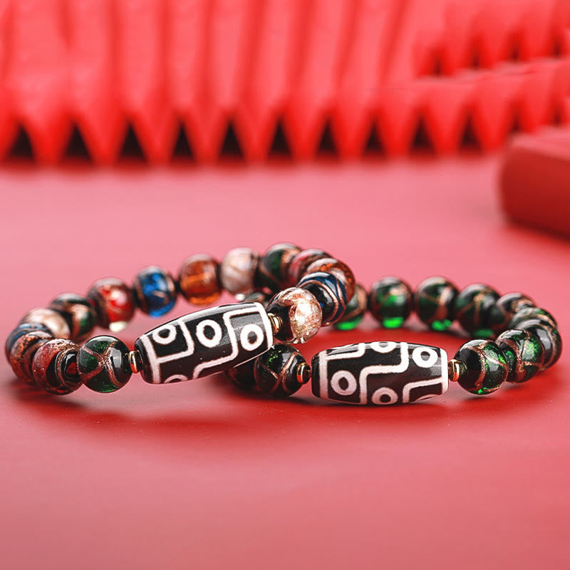 Hand-Finished Tibetan Style Dzi Bead and Vibrant Liuli Glass Beaded Bracelet
