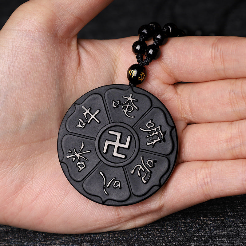 Natural Black Obsidian Tibetan Om Mani Padme Hum Buddha Swastika Luck Necklace Pendant