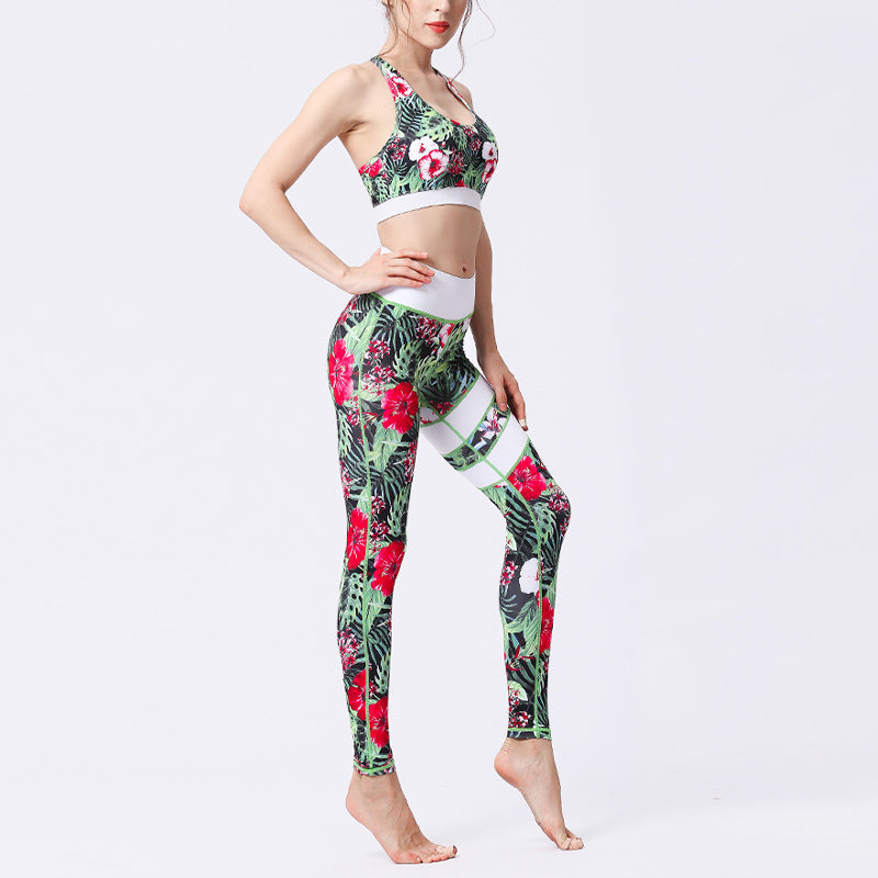 2Pcs Sunflower Flowers Leaves Print Top Pants Sports Fitness Yoga Women's Yoga Sets