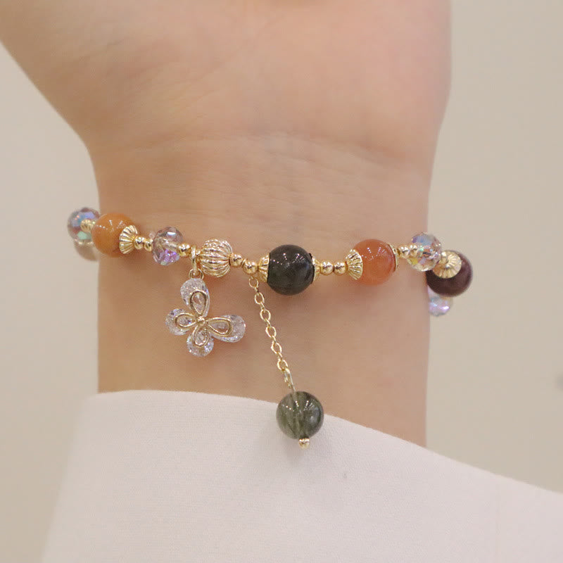 Natural Fu Lu Shou Rainbow Crystal Rutilated Quartz Wealth Butterfly Charm Bracelet