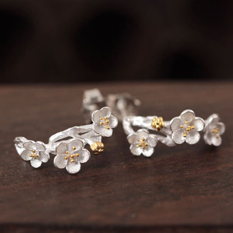 925 Sterling Silver Plum Blossom Floral Clear Quartz Earrings
