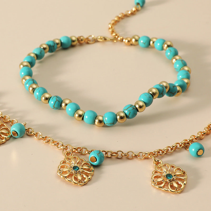 2Pcs Turquoise Flower Charm Bracelet and Anklet Set