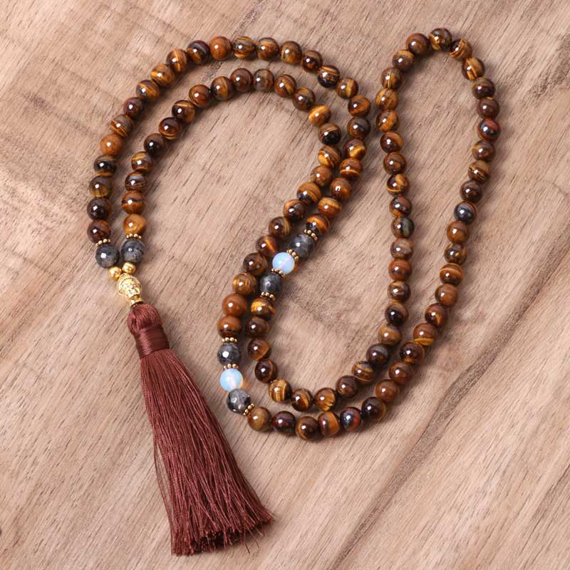 Tibetan Tiger Eye Buddha Strength Power Beaded Tassel Pendant Necklace