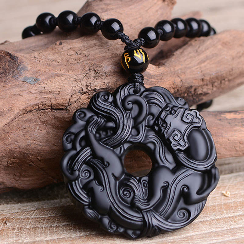 Natural Black Obsidian Peace Buckle Pixiu Purification Necklace Pendant