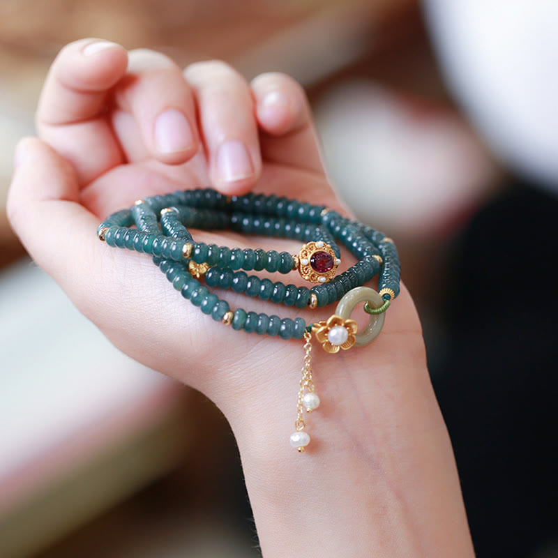 925 Sterling Silver Gold Plated Cyan Jade Flower Peace Buckle Success Triple Wrap Bracelet