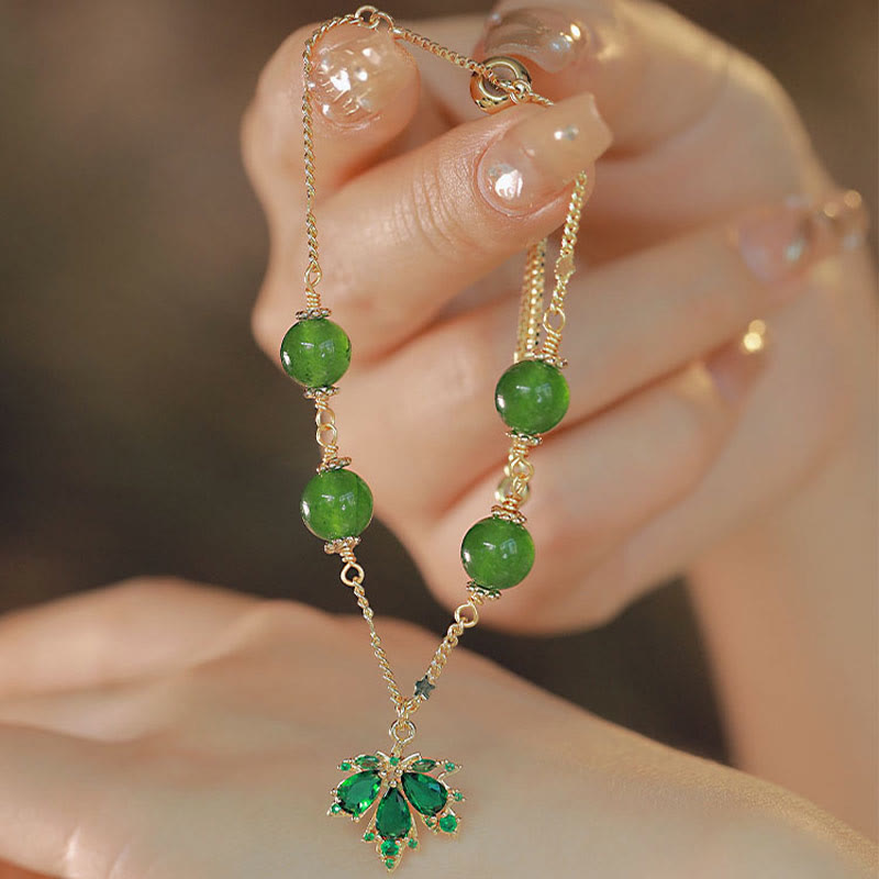 14k Gold Plated Green Chalcedony Maple Leaf Courage Strength Bracelet