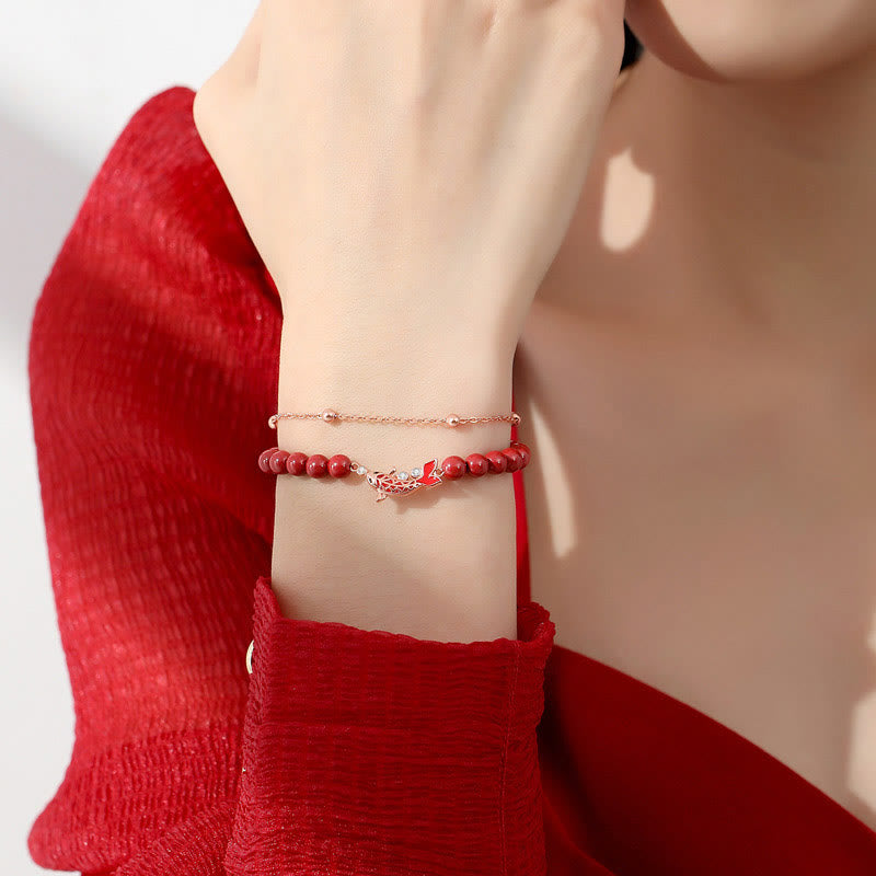 Polished 925 Sterling Silver Koi Fish Charm Bracelet with Cinnabar and Zircon Double Layer Chain