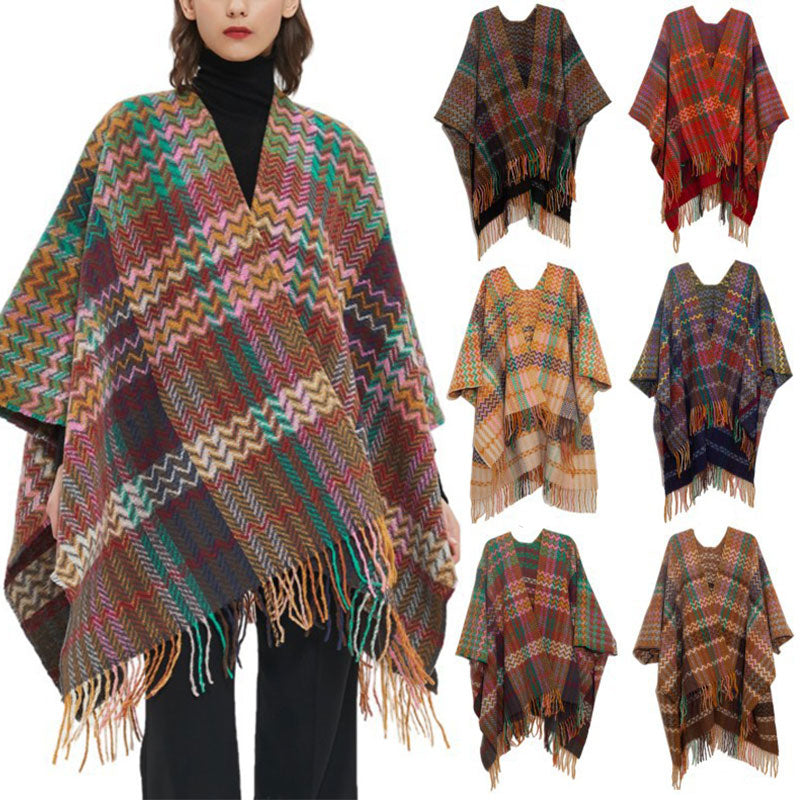 Tibetan Shawl Colorful Wavy Line Tassels Winter Cozy Travel Scarf Wrap