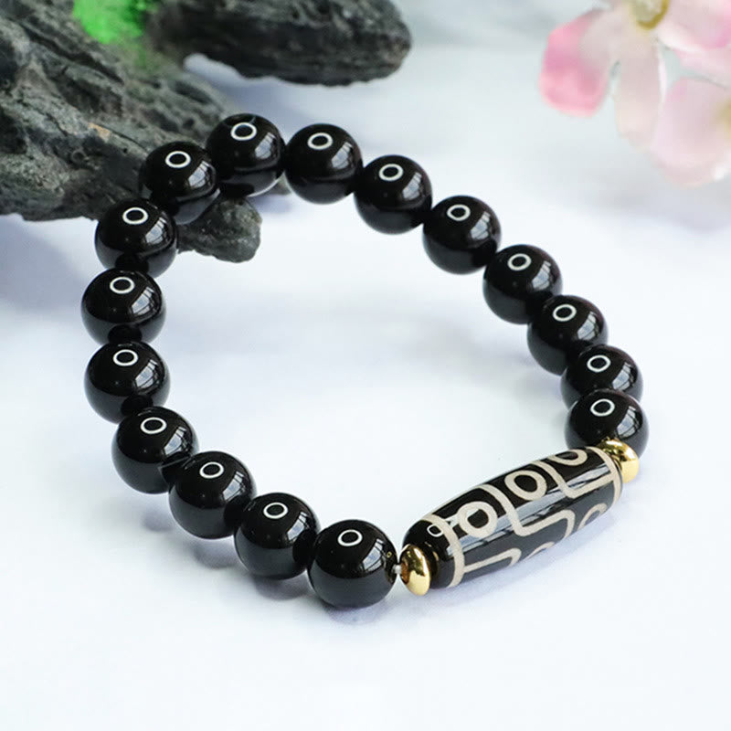 Tibetan Nine-Eye Dzi Bead and Black Onyx Grounding Beaded Bracelet