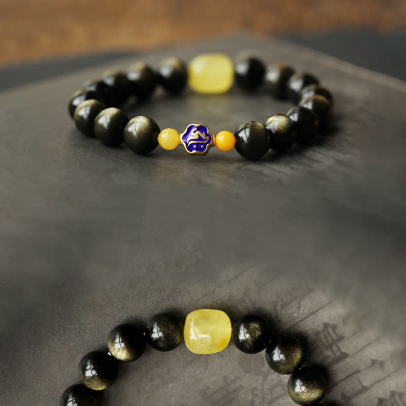 Natural Gold Sheen Obsidian & Amber Bracelet with 925 Sterling Silver and Zodiac Guardian
