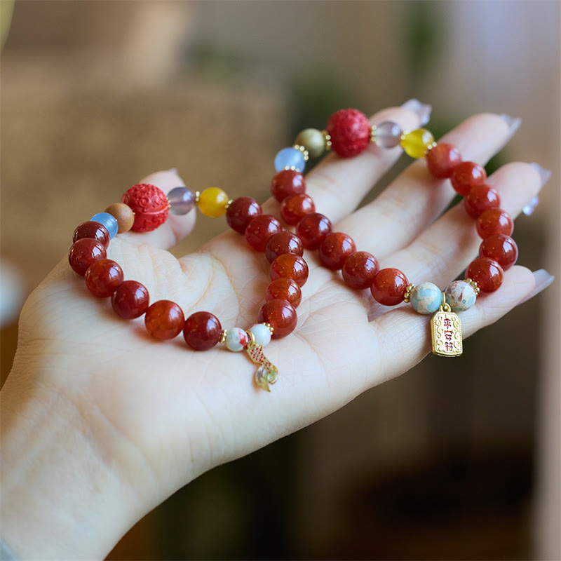 Natural Red Agate & Shoushan Stone Dragon Fu Charm Peace Talisman Bracelet