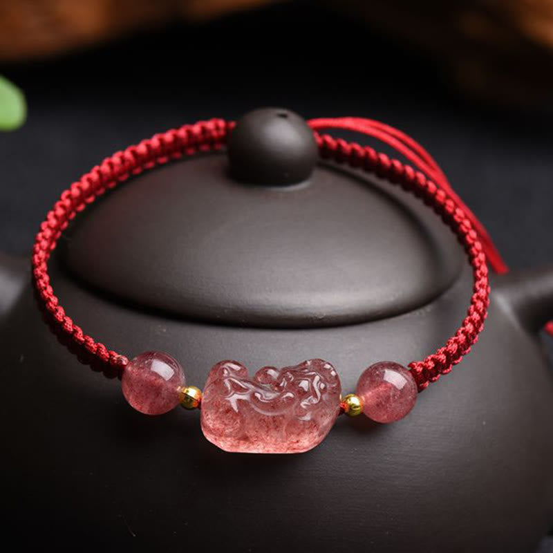 Natural Strawberry Quartz Pixiu Adjustable Red String Bracelet