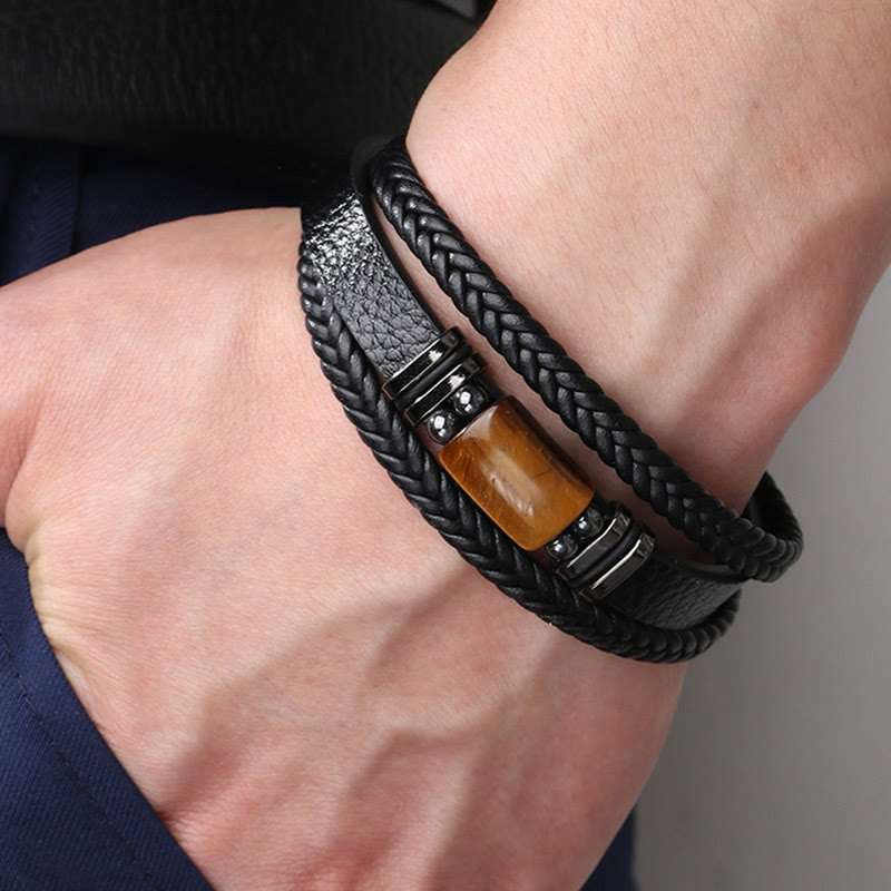 Tiger Eye Power Magnetic Buckle Multilayered Leather Bracelet