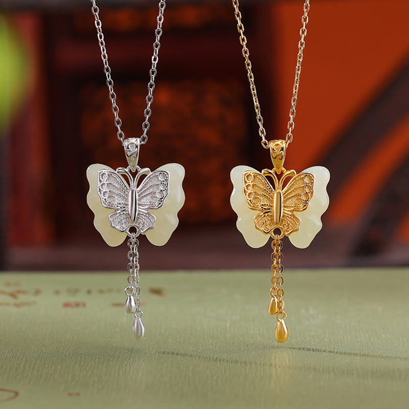 925 Sterling Silver Plated Gold Hetian White Jade Butterfly Blessing Necklace Pendant