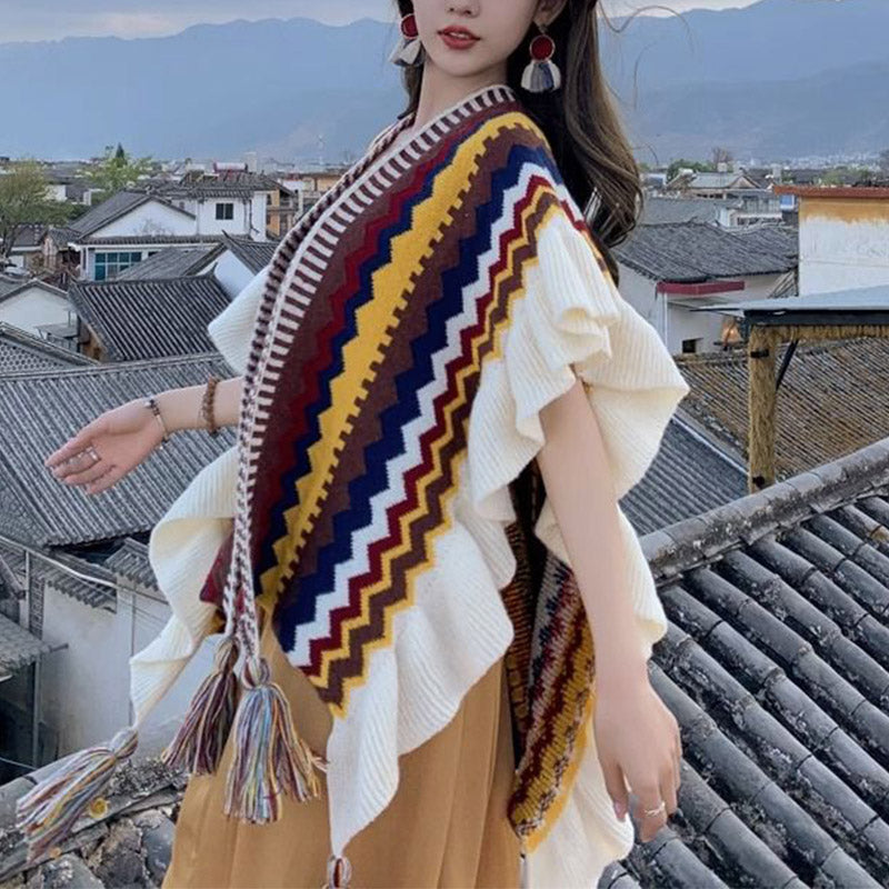 Tibetan Shawl Colorful Striped Wavy Line Tassels Winter Cozy Travel Scarf Wrap