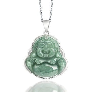 925 Sterling Silver Laughing Buddha Jade Abundance Necklace Chain Pendant