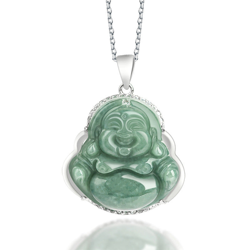 925 Sterling Silver Laughing Buddha Jade Abundance Necklace Chain Pendant