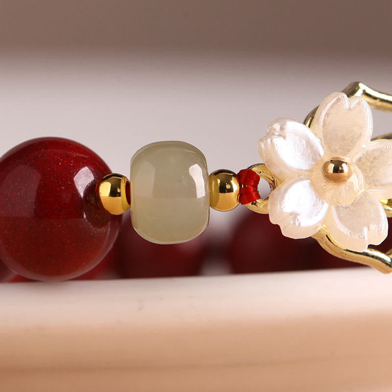 Natural Cinnabar Jade Beaded Tridacna Stone Flower Blessing Bracelet