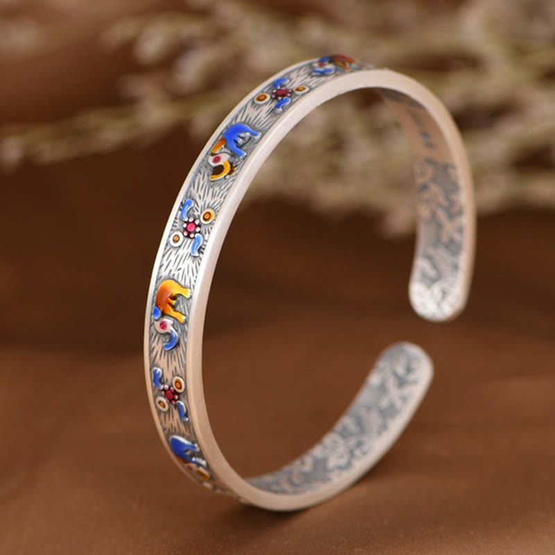 999 Sterling Silver Elephant Strength Wisdom Bracelet Cuff Bangle