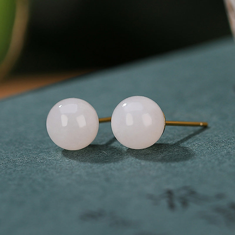 Handmade 925 Sterling Silver Round White Jade and Gold Minimalist Stud Earrings
