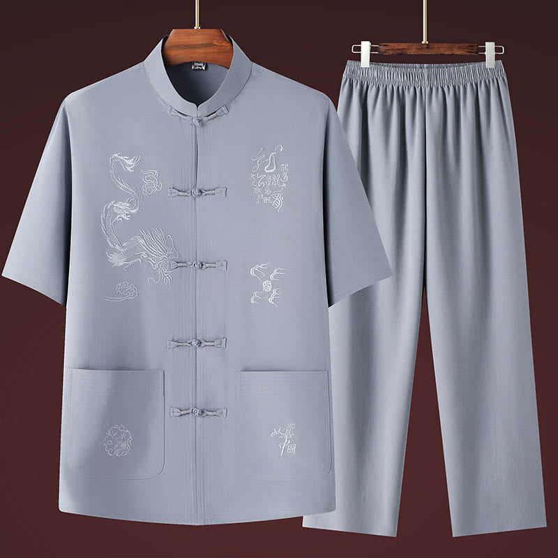 Tang Suit Hanfu Chinese Dragon Traditional Kung Fu Uniform Short Sleeve Tops and Pants Clothing Men's Set