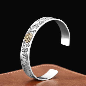 Carved Copper Tang Dynasty Floral Bangle with Lotus Rose and Feather Detail