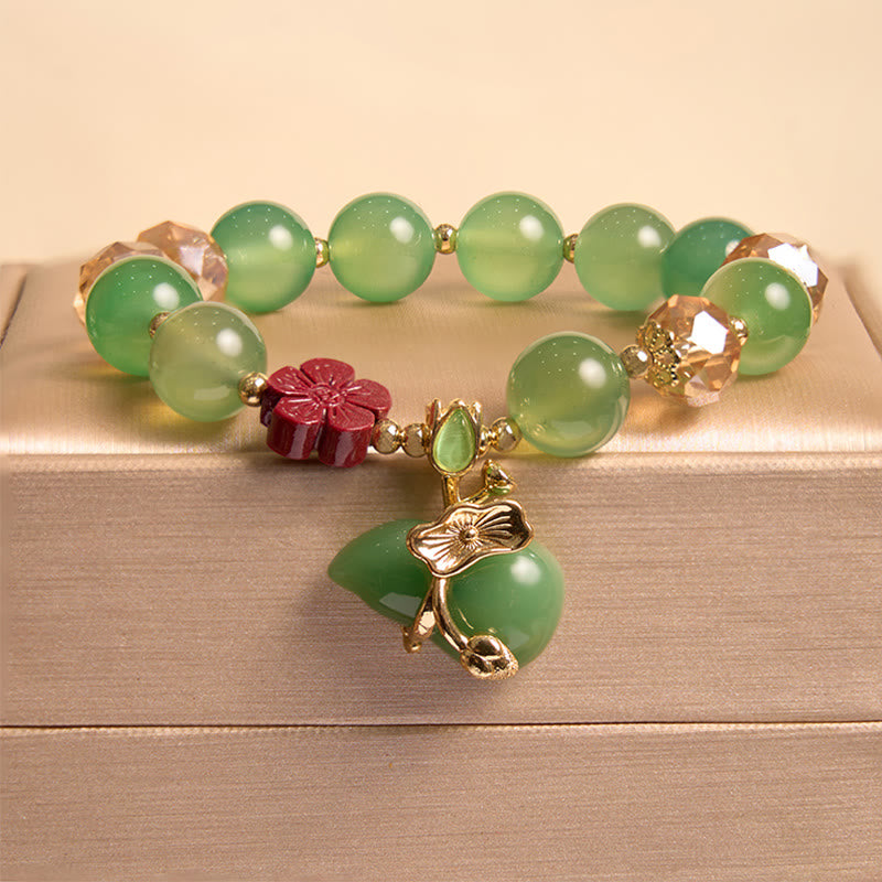 Natural Agate and Clear Quartz Beaded Bracelet with Cinnabar Flower and Wu Lou Gourd