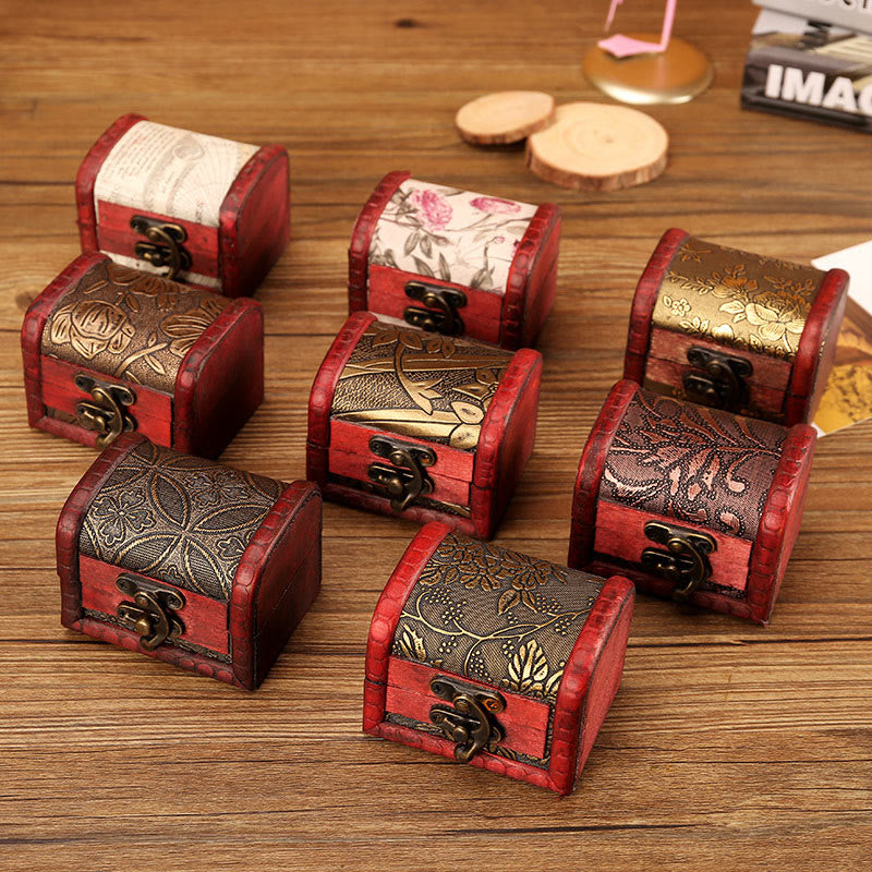 Retro Small Wood Jewelry Box Lotus Golden Grape Copper Coin Daffodil Grass Flower Jewelry Storage Box