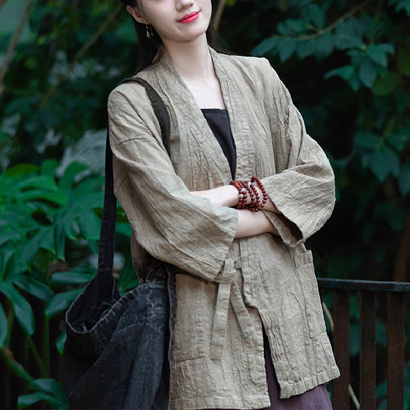 Hanfu Design Three Quarter Sleeve Ramie Linen Coat Open Front Top Jacket