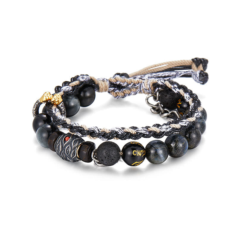 Handmade 925 Sterling Silver Gold Plated Lava Stone, Eagle's Eye & Black Agate Om Mani Beaded Bracelet