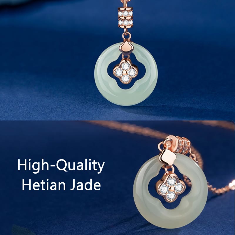 925 Sterling Silver Natural Hetian Jade Lucky Four Leaf Clover Zircon Necklace Pendant With Gift Box
