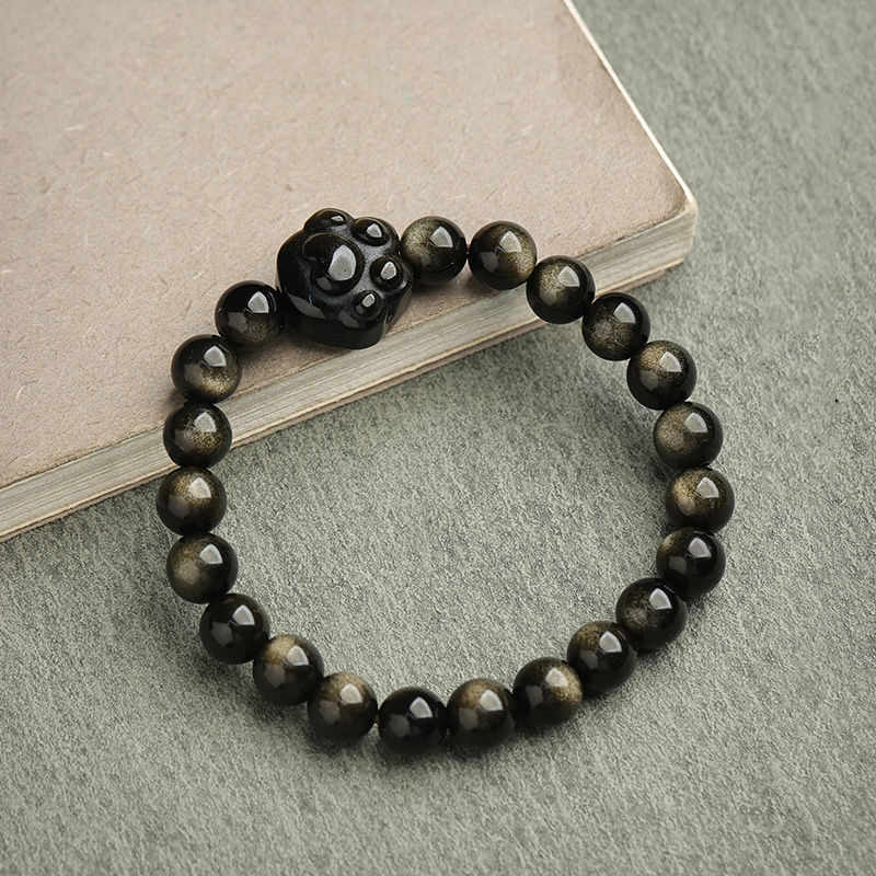 Handmade Gold & Silver Sheen Obsidian Feline Charm Beaded Bracelet