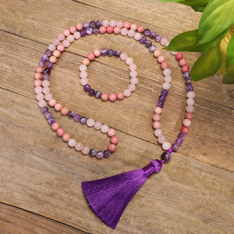 108 Mala Beads Amethyst Rose Quartz Spiritual Healing Tassel Bracelet