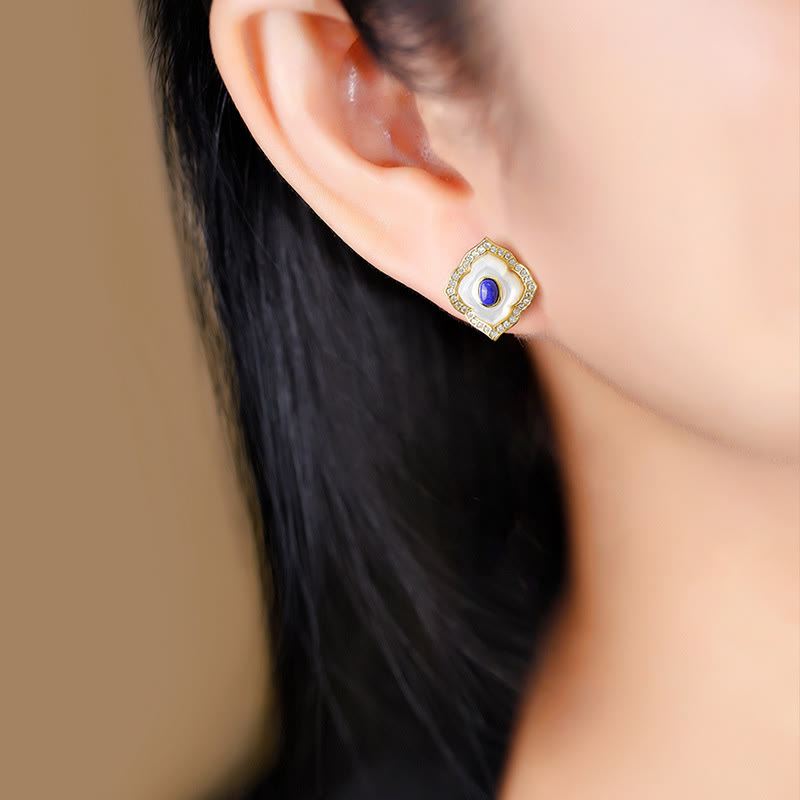 925 Sterling Silver Tridacna Stone Lazurite Prismatic Design Blessing Earrings Necklace Pendant Jewelry Set