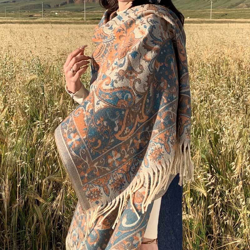 Tibetan Flower Branch Tassel Shawl Cozy Travel Scarf Wrap