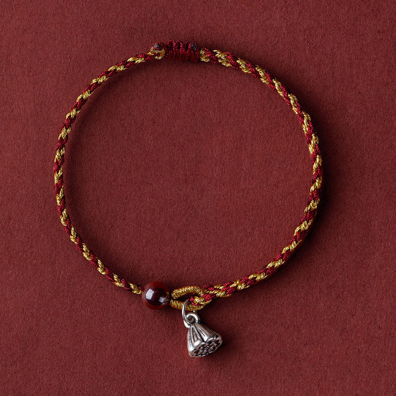 Handcrafted Red Gold Rope Lotus Peace And Joy Charm Braid Bracelet