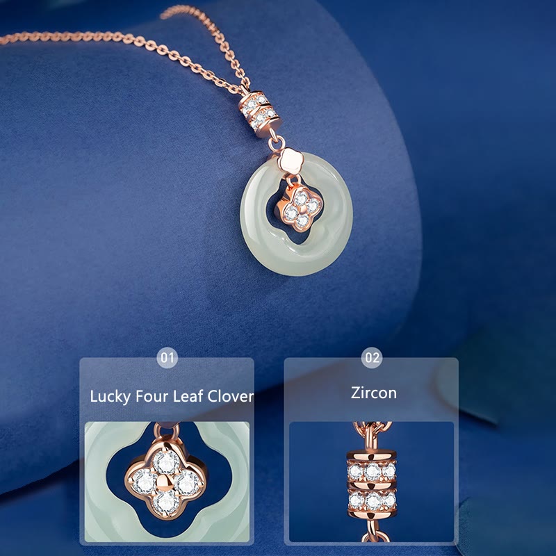 925 Sterling Silver Natural Hetian Jade Lucky Four Leaf Clover Zircon Necklace Pendant With Gift Box