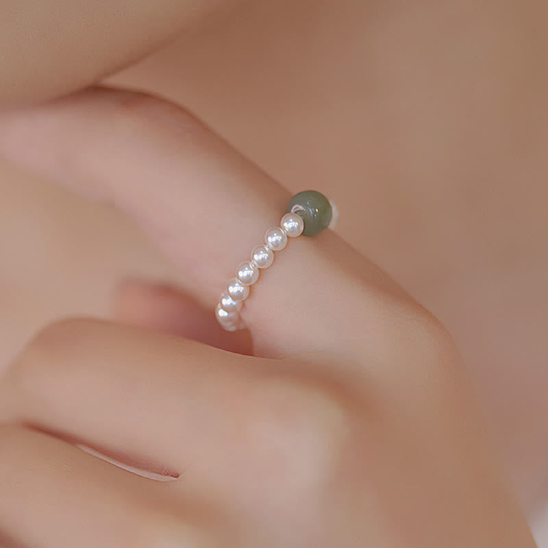Natural Round Jade and Pearl Beaded Minimalist Ring