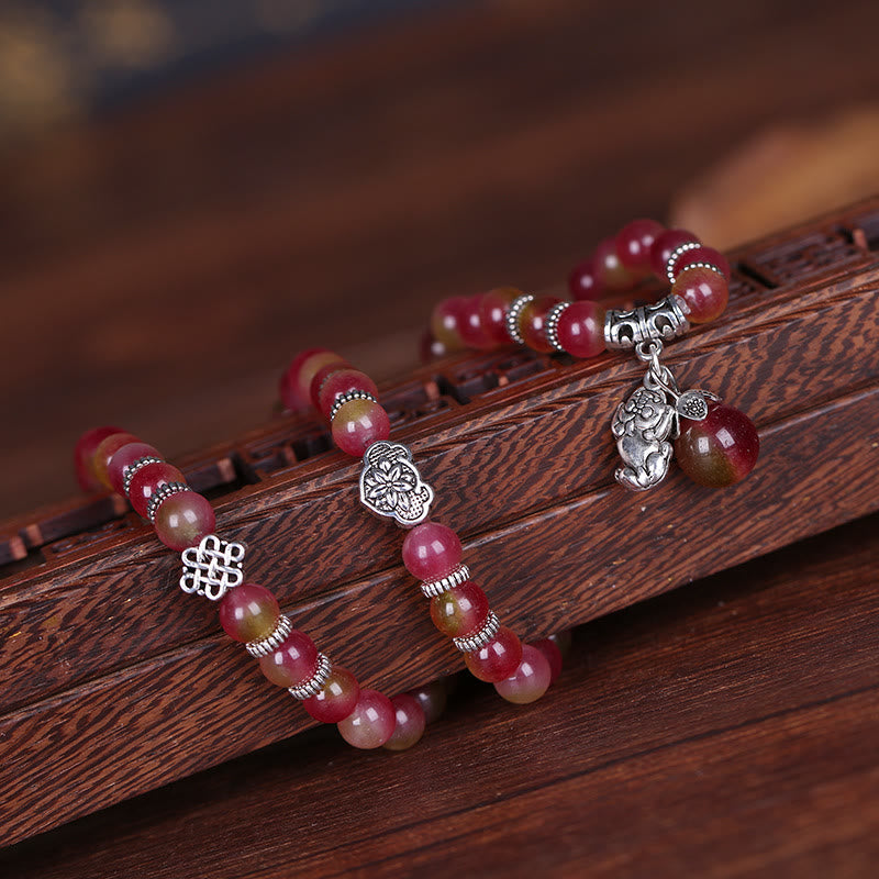 Natural Watermelon Tourmaline PiXiu Elephant Positive Triple Wrap Bracelet