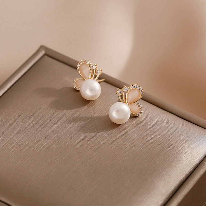 18k Gold Plated Natural Pearl Butterfly Stud Earrings